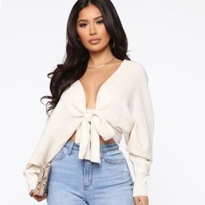Cream Tie-Front Crop Top - Women's Knit